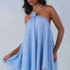 Evania Neckholder-Babydoll-Minikleid mit blauem Polka-Dot-Print