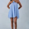 Evania Neckholder-Babydoll-Minikleid mit blauem Polka-Dot-Print