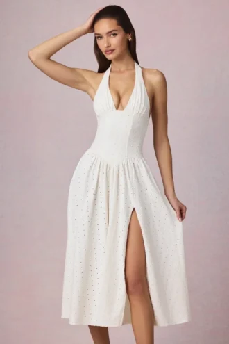 Farrah Modal-Midaxi-Kleid mit Broderie Anglaise und Neckholder in Weiß