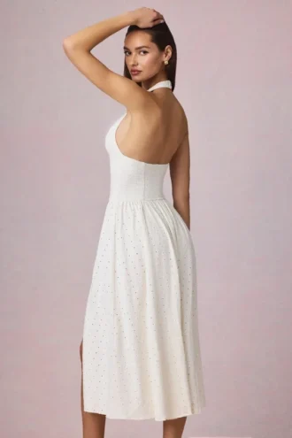 Farrah Modal-Midaxi-Kleid mit Broderie Anglaise und Neckholder in Weiß