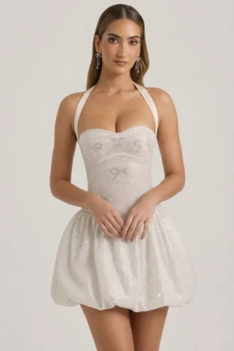 Felicity Minikleid mit Neckholder und ausgestellter Säume in Elfenbein