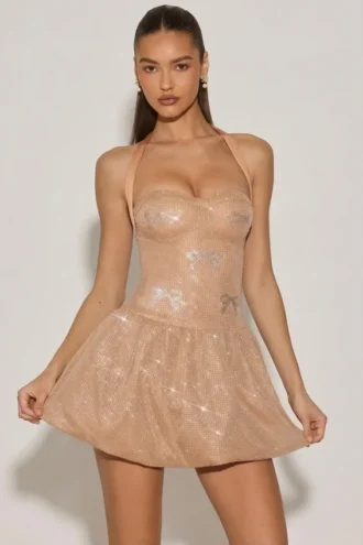 Felicity Minikleid mit verziertem Neckholder und Bubble-Saum in Mandel
