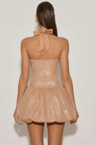 Felicity Minikleid mit verziertem Neckholder und Bubble-Saum in Mandel