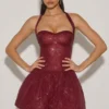 Felicity verziertes Neckholder-Minikleid mit Bubble-Saum in Weinrot Felicity verziertes Neckholder-Minikleid mit Bubble-Saum in Weinrot