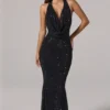 Feyre Verziertes rückenfreies Kleid mit Wasserfallausschnitt in Schwarz