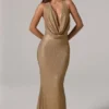 Feyre Verziertes rückenfreies Maxikleid mit Wasserfallausschnitt in Gold