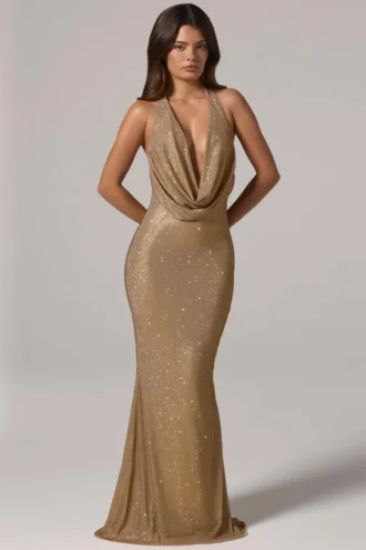 Feyre Verziertes rückenfreies Maxikleid mit Wasserfallausschnitt in Gold