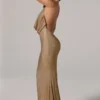 Feyre Verziertes rückenfreies Maxikleid mit Wasserfallausschnitt in Gold