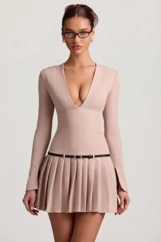 Fiorella Langarm-Minikleid mit Falten in Mushroom