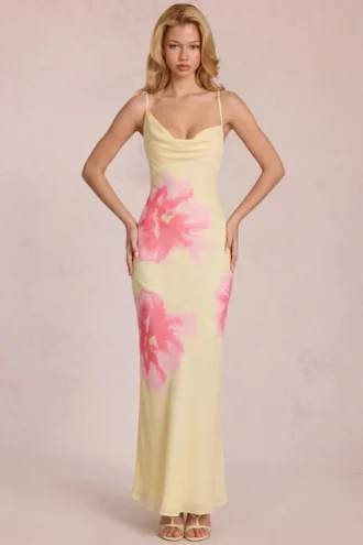 Fioren Chiffon-Maxikleid mit gelbem Blumenmuster