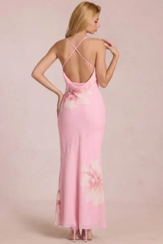 Fioren Chiffon-Maxikleid mit rosa Blumenprint