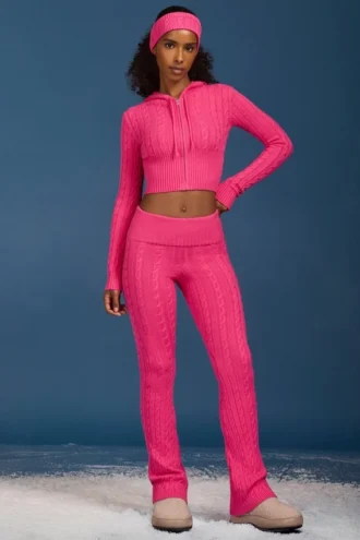 Flared-Hose mit Umschlag und Zopfmuster in Pink