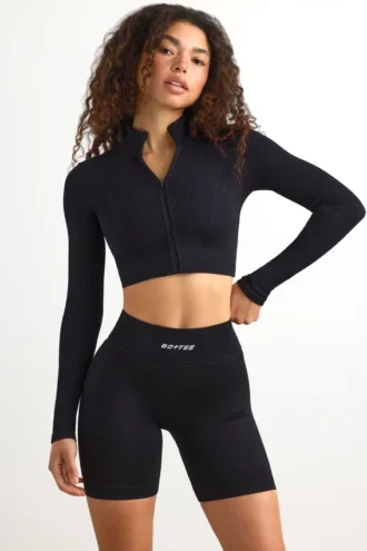 FlexiRib Zip-Up Cropped Jacket in Schwarz