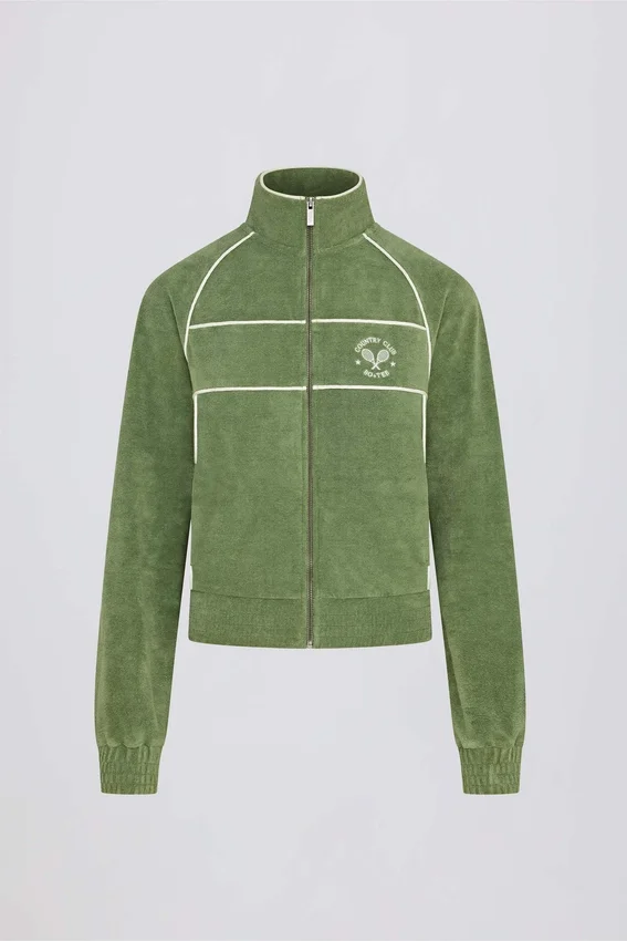 Frottee-Sweatshirt mit Reißverschluss und verkürztem Schnitt in Grün Frottee-Sweatshirt mit Reißverschluss und verkürztem Schnitt in Grün