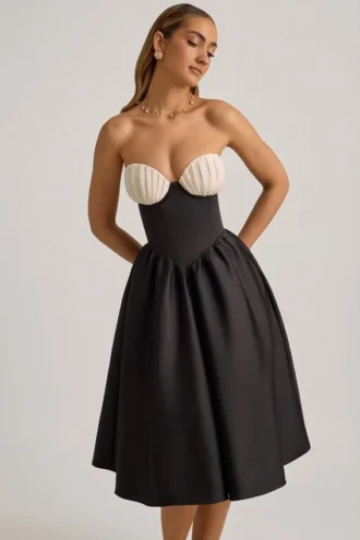 Gabrielle trägerloses Midi-Korsettkleid in Schwarz