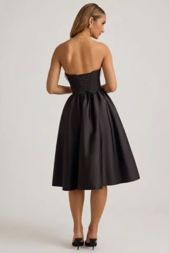 Gabrielle trägerloses Midi-Korsettkleid in Schwarz