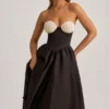 Gabrielle trägerloses Midi-Korsettkleid in Schwarz
