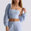 Gebrüster Jersey-Kapuzen-Shrug in Soft Blue
