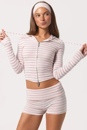 Gekürzter Hoodie aus geripptem Jersey mit rosa Streifen