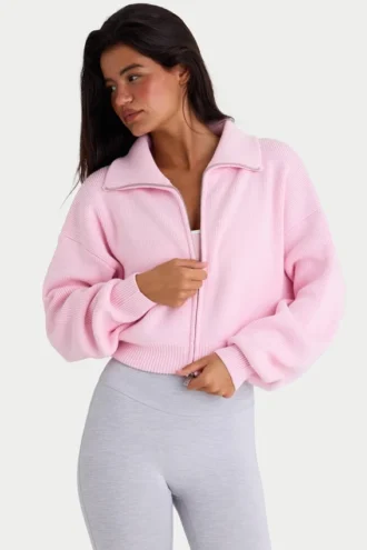 Gestreiftes, kurzes Sweatshirt mit Reißverschluss in Hellrosa
