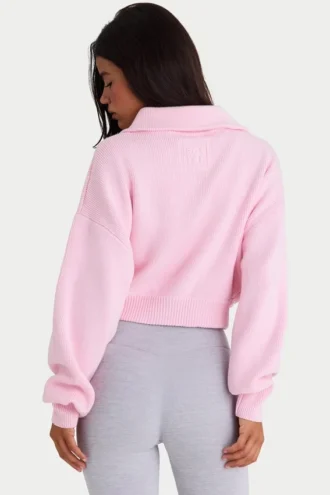 Gestreiftes, kurzes Sweatshirt mit Reißverschluss in Hellrosa