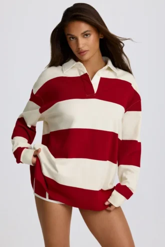 Gestreiftes Oversize-Langarm-T-Shirt in Dunkelrot