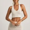 Gianna Bouclé-Crop-Top mit Neckholder in Weiß