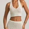 Gianna Bouclé-Crop-Top mit Neckholder in Weiß
