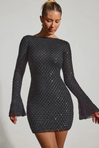 Grazina verziertes A-Linien-Minikleid mit offenem Rücken in Schwarz