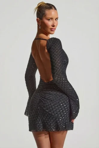 Grazina verziertes A-Linien-Minikleid mit offenem Rücken in Schwarz