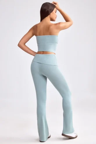Grob gestrickte Kick-Flare-Hose mit Umschlag in Dusty Teal