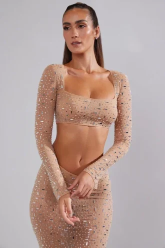 Guilia Sheer Embellished Langarm-Crop-Top in Almond