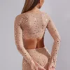 Guilia Sheer Embellished Langarm-Crop-Top in Almond Guilia Sheer Embellished Langarm-Crop-Top in Almond