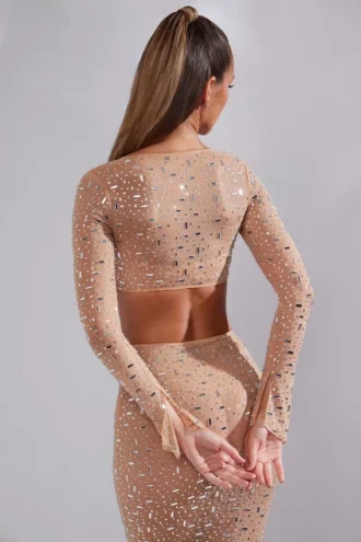 Guilia Sheer Embellished Langarm-Crop-Top in Almond