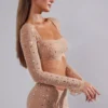 Guilia Sheer Embellished Langarm-Crop-Top in Almond Guilia Sheer Embellished Langarm-Crop-Top in Almond