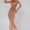 Guilia Sheer Embellished Langarm-Crop-Top in Almond Guilia Sheer Embellished Langarm-Crop-Top in Almond