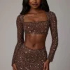 Thalassa transparenter, verzierter Minirock mit V-Taille in Deep Cocoa Thalassa transparenter, verzierter Minirock mit V-Taille in Deep Cocoa