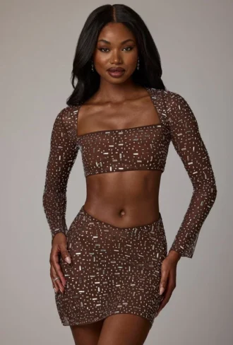 Thalassa transparenter, verzierter Minirock mit V-Taille in Deep Cocoa