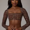 Guilia Transparentes, verziertes, langärmeliges Crop-Top in Deep Cocoa