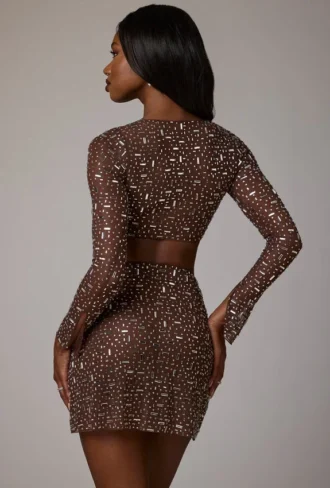 Thalassa transparenter, verzierter Minirock mit V-Taille in Deep Cocoa