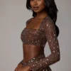 Guilia Transparentes, verziertes, langärmeliges Crop-Top in Deep Cocoa