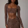Guilia Transparentes, verziertes, langärmeliges Crop-Top in Deep Cocoa