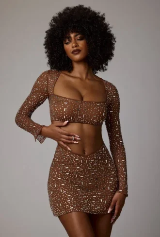 Guilia Transparentes, verziertes, langärmeliges Crop-Top in Mocha