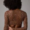 Guilia Transparentes, verziertes, langärmeliges Crop-Top in Mocha