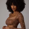 Guilia Transparentes, verziertes, langärmeliges Crop-Top in Mocha
