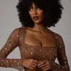 Guilia Transparentes, verziertes, langärmeliges Crop-Top in Mocha