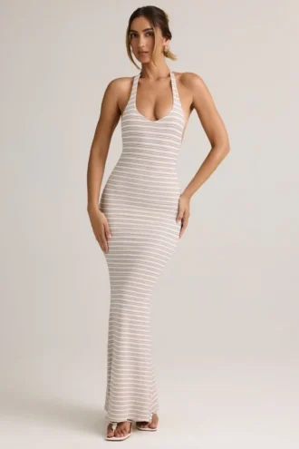 Hallie Modal-Maxikleid mit Neckholder in rosa-gelben Streifen