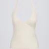 Halter-Oberteil mit offenem Rücken in Elfenbein-Mélange Halter-Oberteil mit offenem Rücken in Elfenbein-Mélange