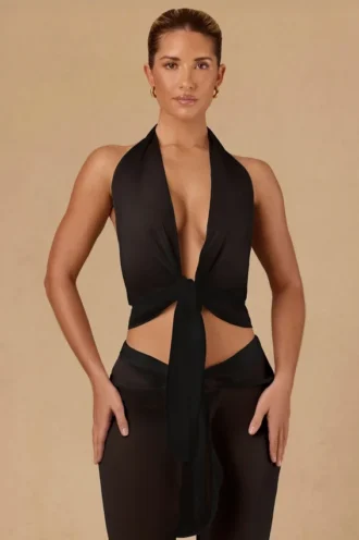 Harbour Crop-Top mit Bindeband vorne und Neckholder in Schwarz