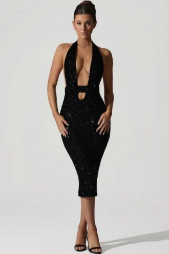 Harlyn Midaxi-Kleid mit Verzierungen, Cut-outs und offenem Rücken in Schwarz